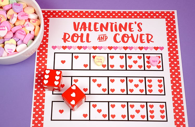 valentines roll and cover dice game for kids