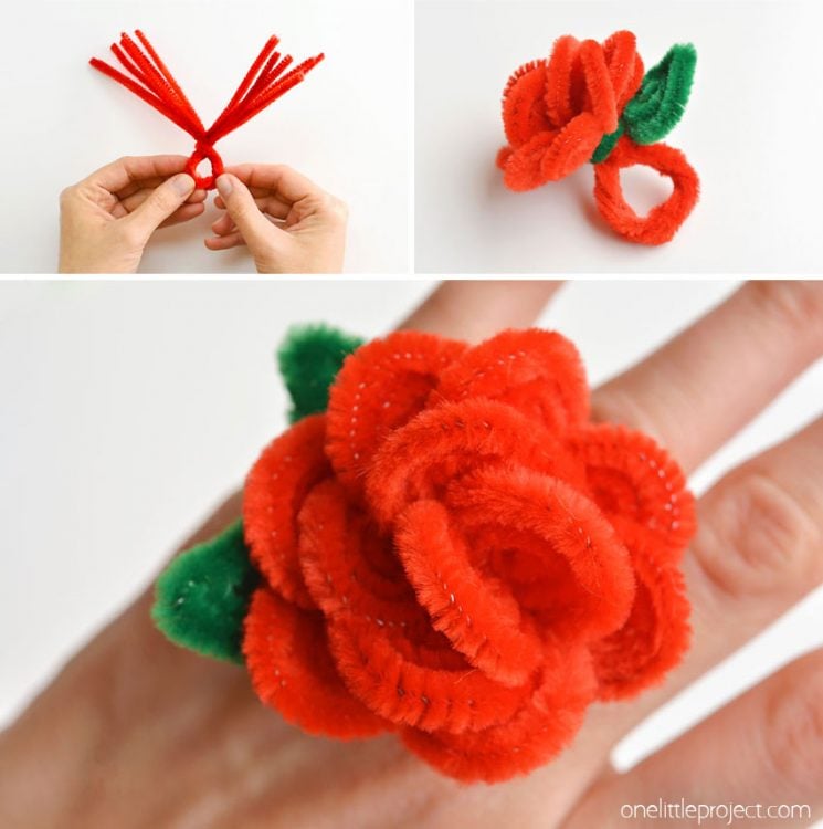 pipe cleaner rose rings worn on hand 