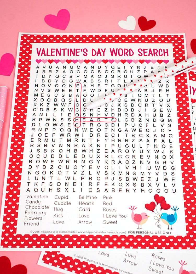 Valentine\'s Day Word Search printable puzzle game for kids