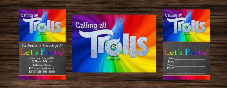 Rainbow trolls invitations