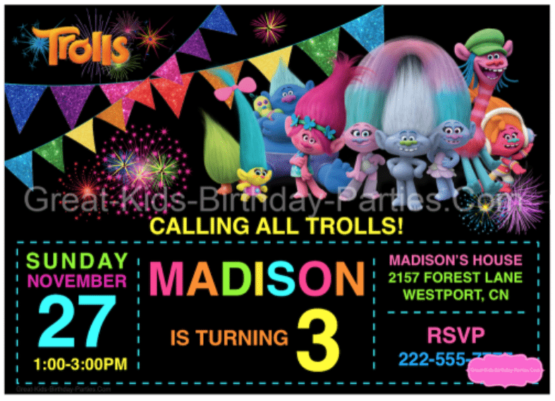 trolls party invitations with trolls characters 