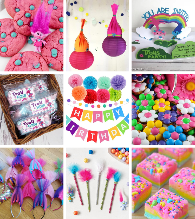 Trolls birthday party collage photo