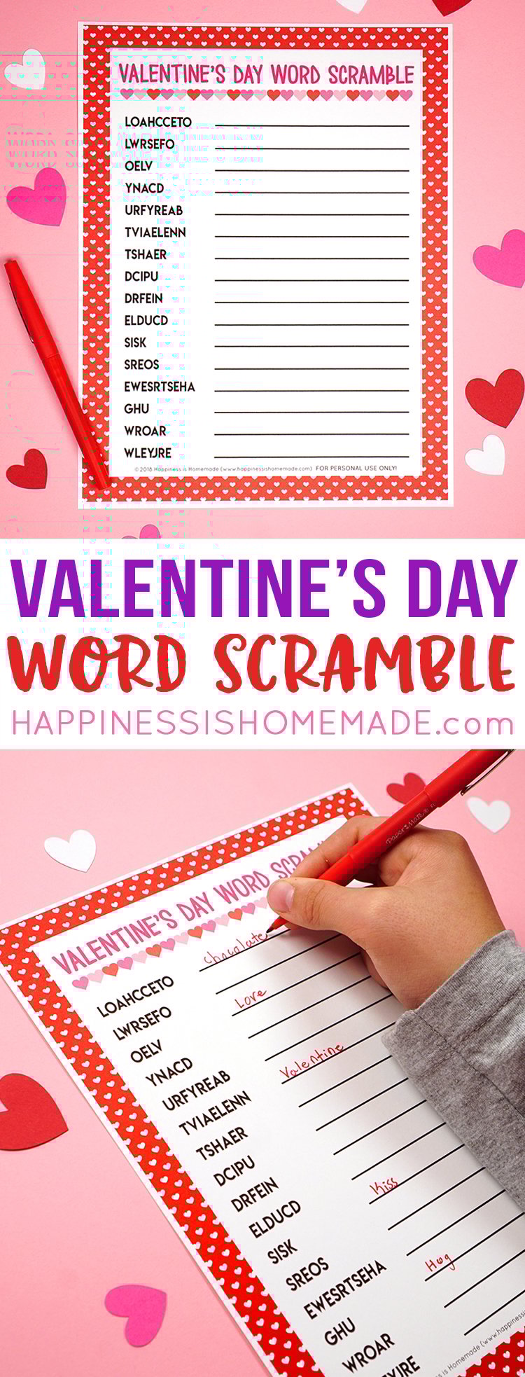 valentines day word scramble game for kids and teachers
