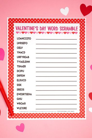 Valentine's Day Themed Word Scramble on Pink Background With Hearts