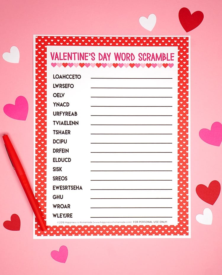 Valentine\'s Day Themed Word Scramble on Pink Background With Hearts