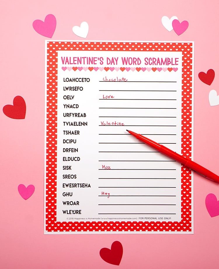 printable Valentine\'s Day Word Scramble game with pencil