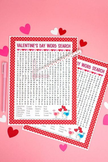 sweet Valentine's Day Word Search printable puzzle with markers