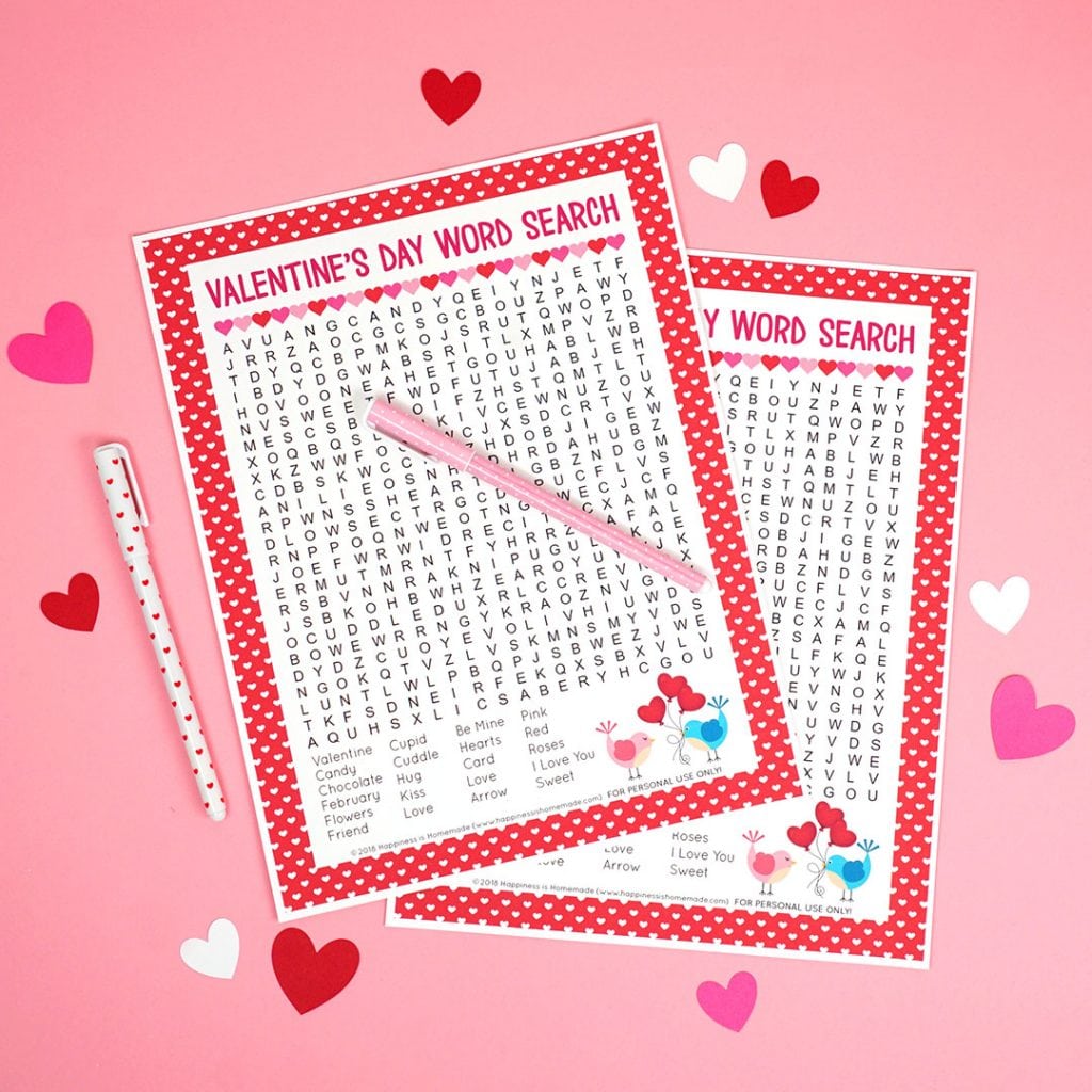 Valentine's Day Word Search on a Pink Background With Hearts