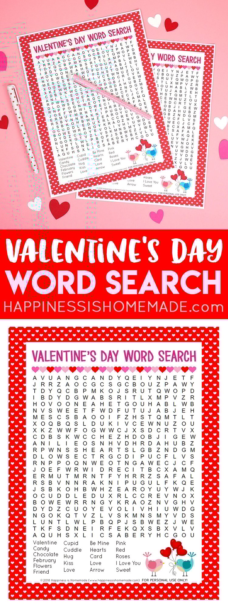 Valentine\'s Day Word Search printable puzzle game for kids