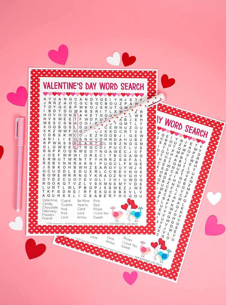 sweet Valentine's Day Word Search printable puzzle with markers