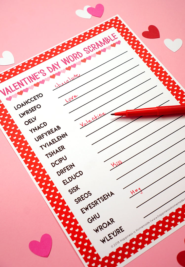 printable Valentine\'s Day Word Scramble game with answers partially filled in