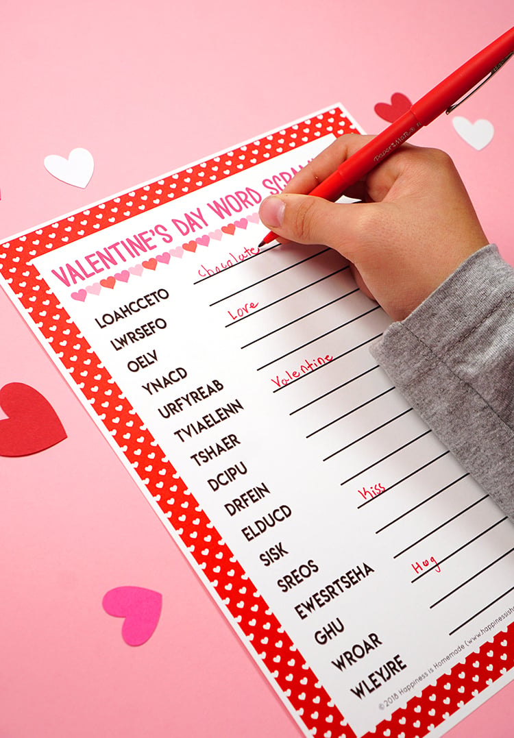 printable Valentine\'s Day Word Scramble game