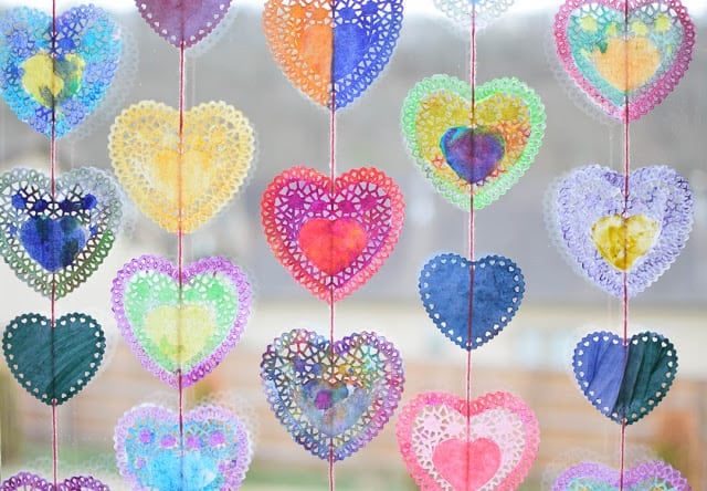 watercolor doily heart window hangings
