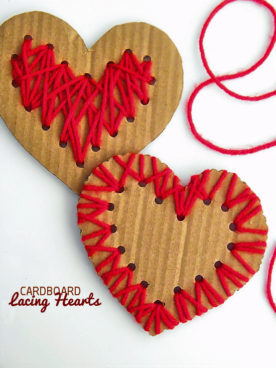 cardboard lacing hearts and yarn
