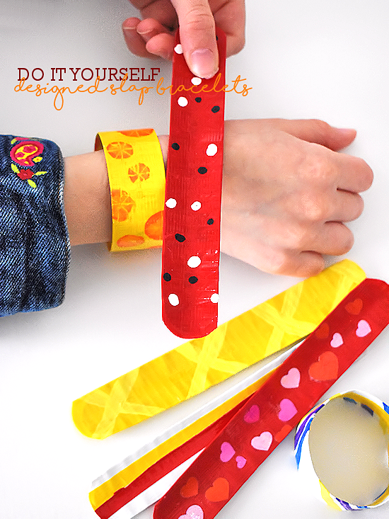 DIY slap bracelets worn and shown in various colors and patterns