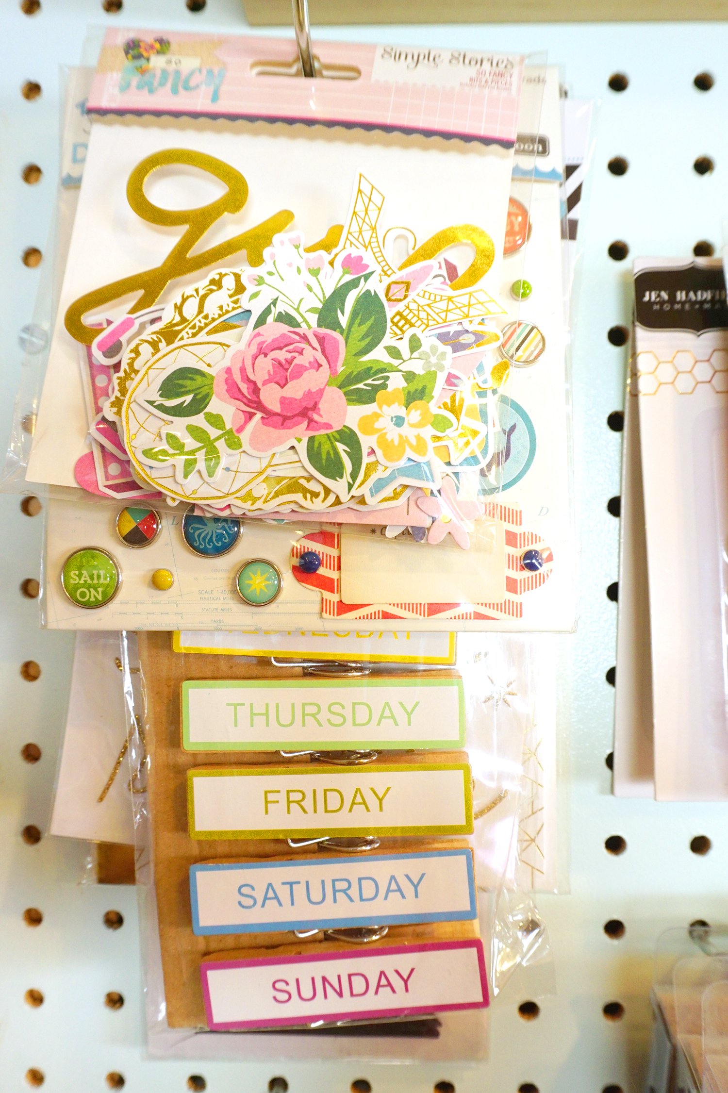 embellishments and stickers on hooks