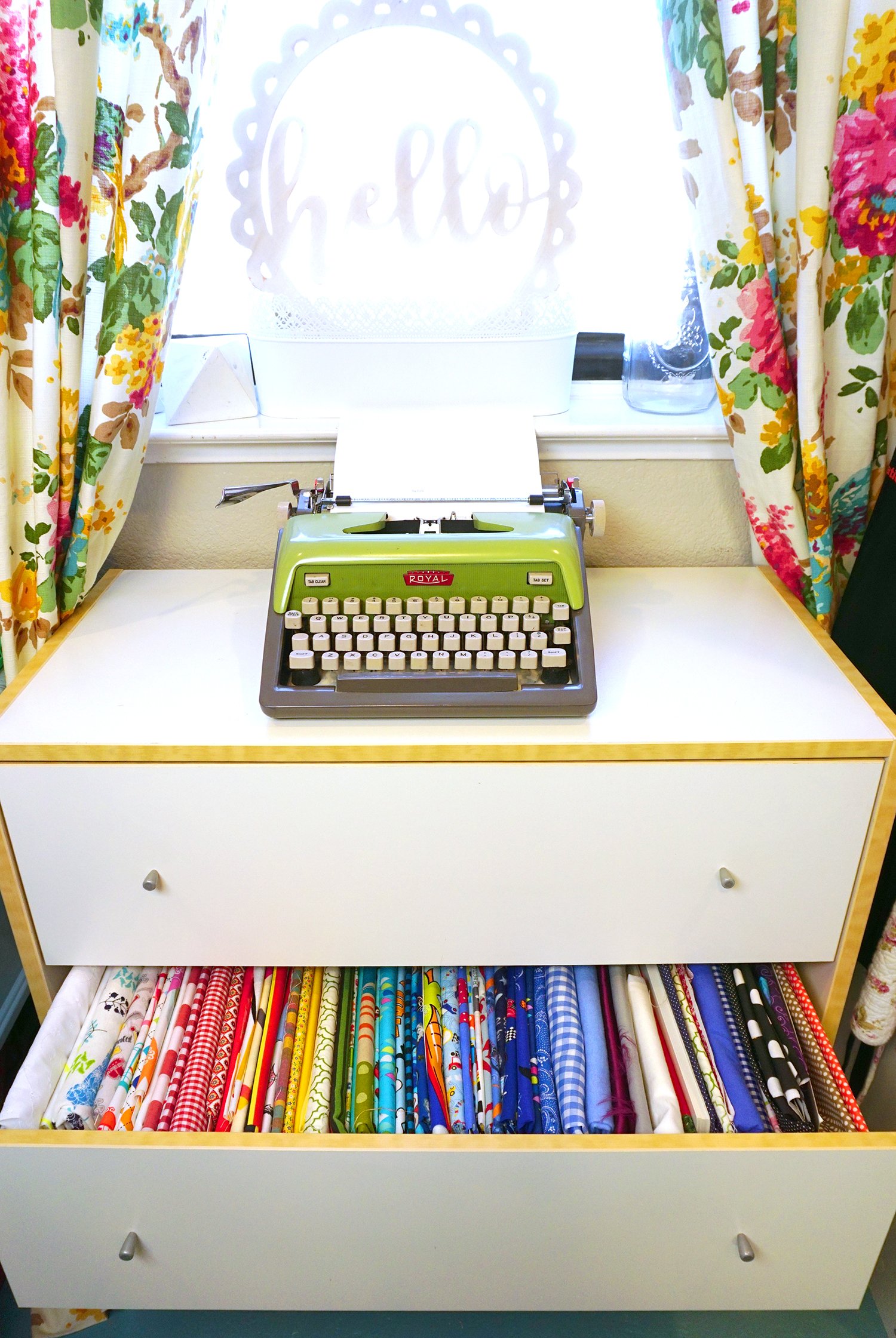 fabric storage dresser with type writer 