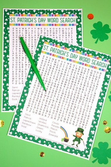 st patricks day word search printable with coloring pens and shamrock confetti