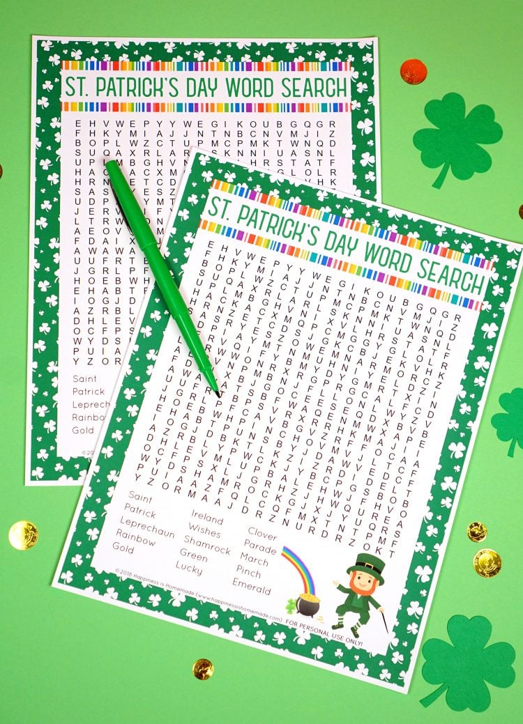 st patricks day word search printable with coloring pens and shamrock confetti