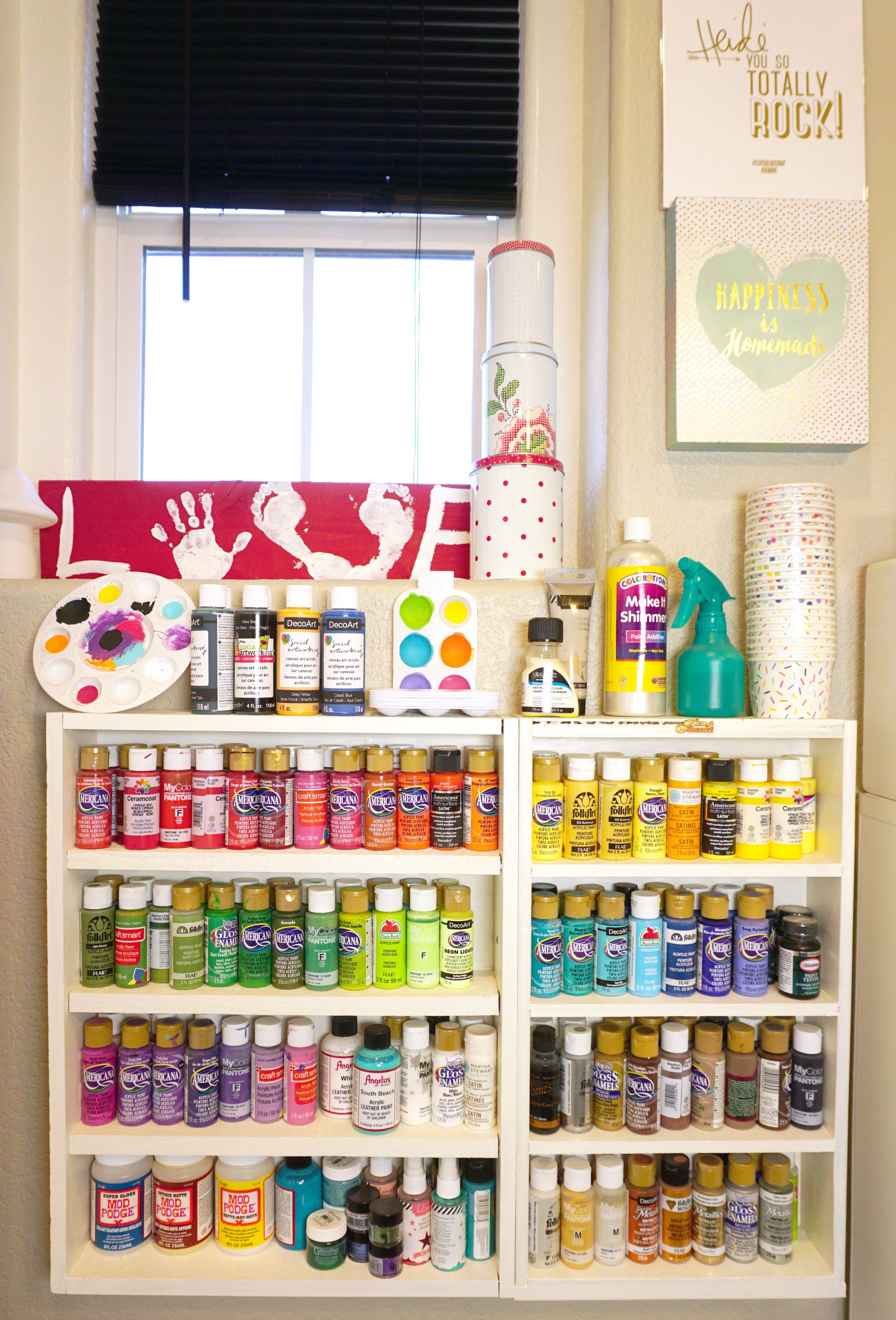 paint storage shelves in craft room