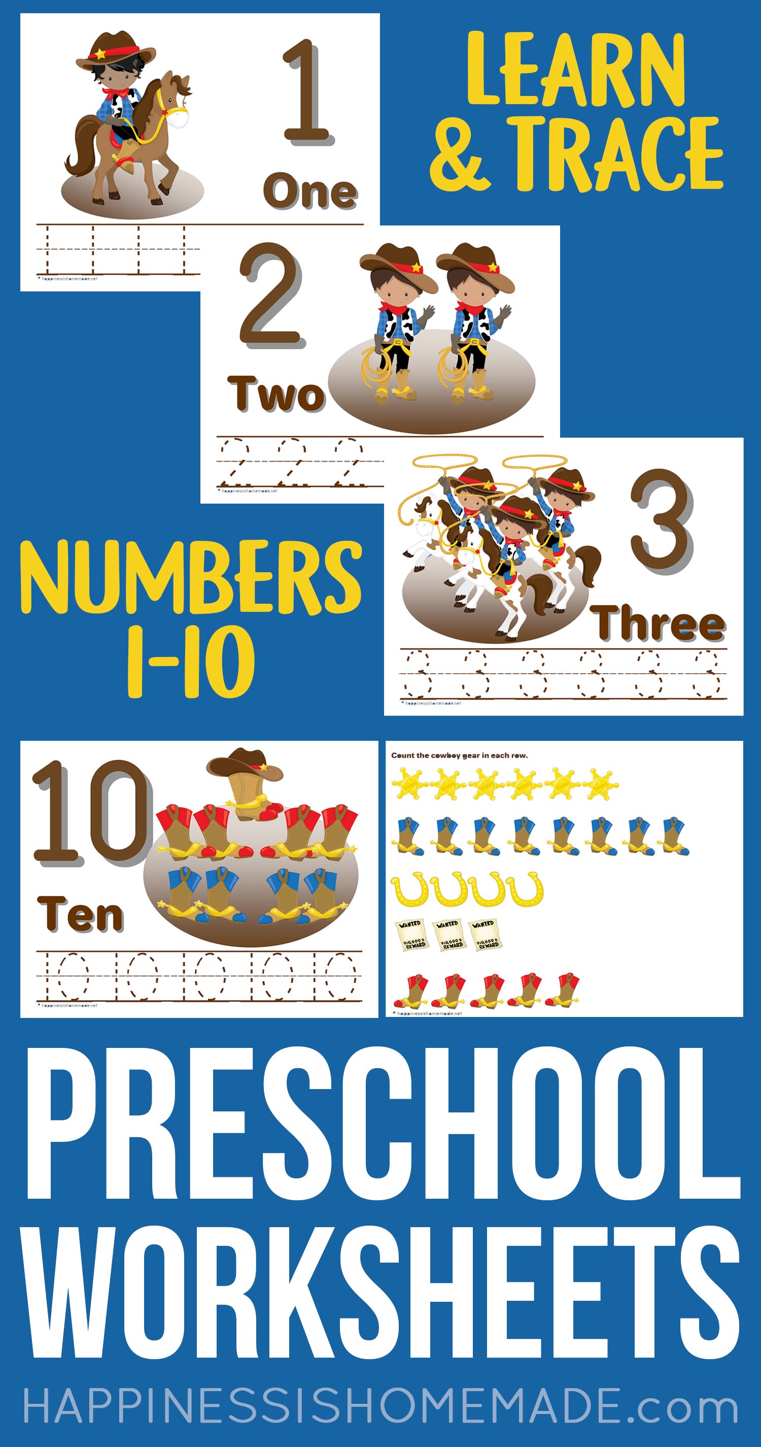 cowboy preschool number worksheets