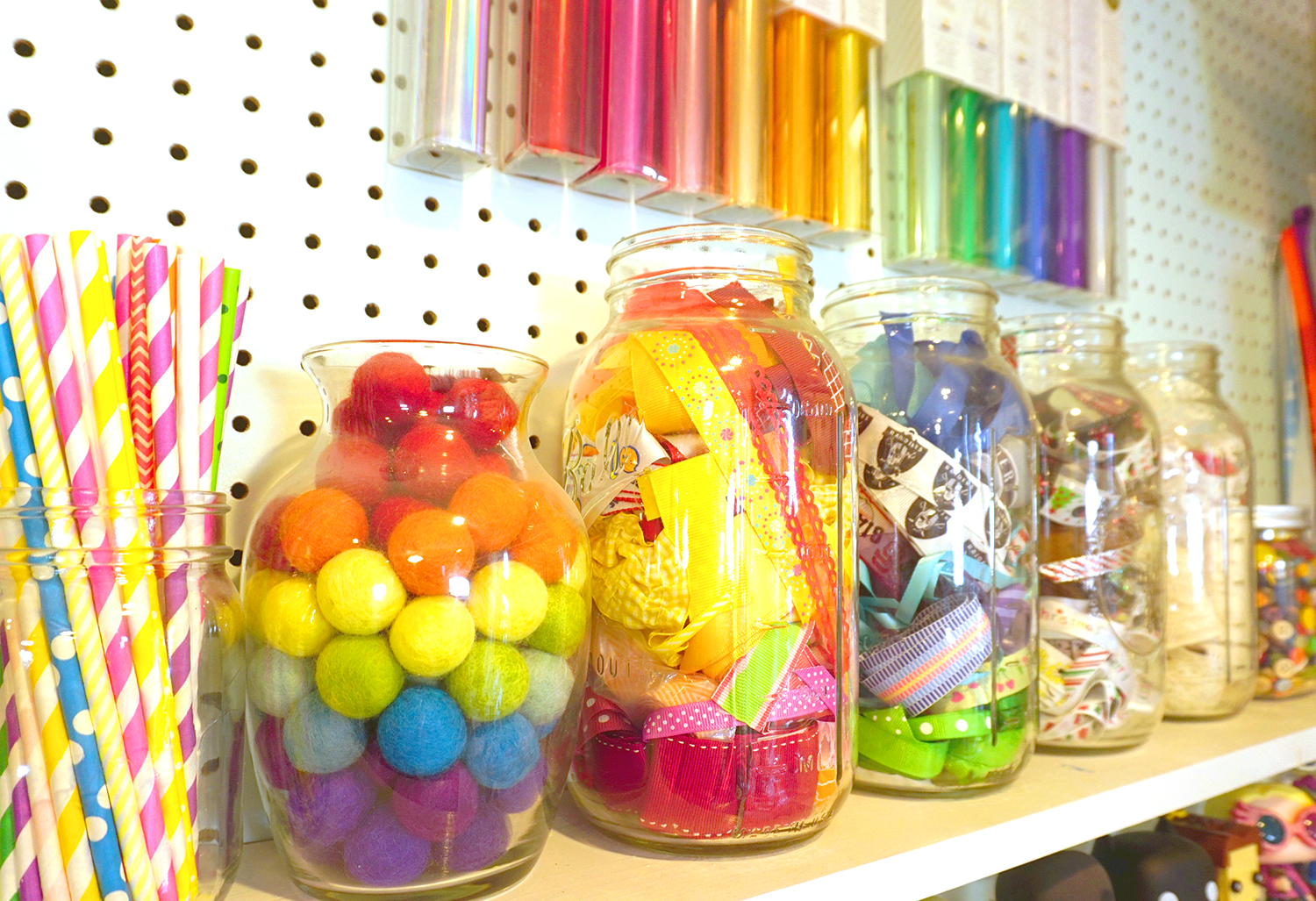 rainbow ribbons in mason jars