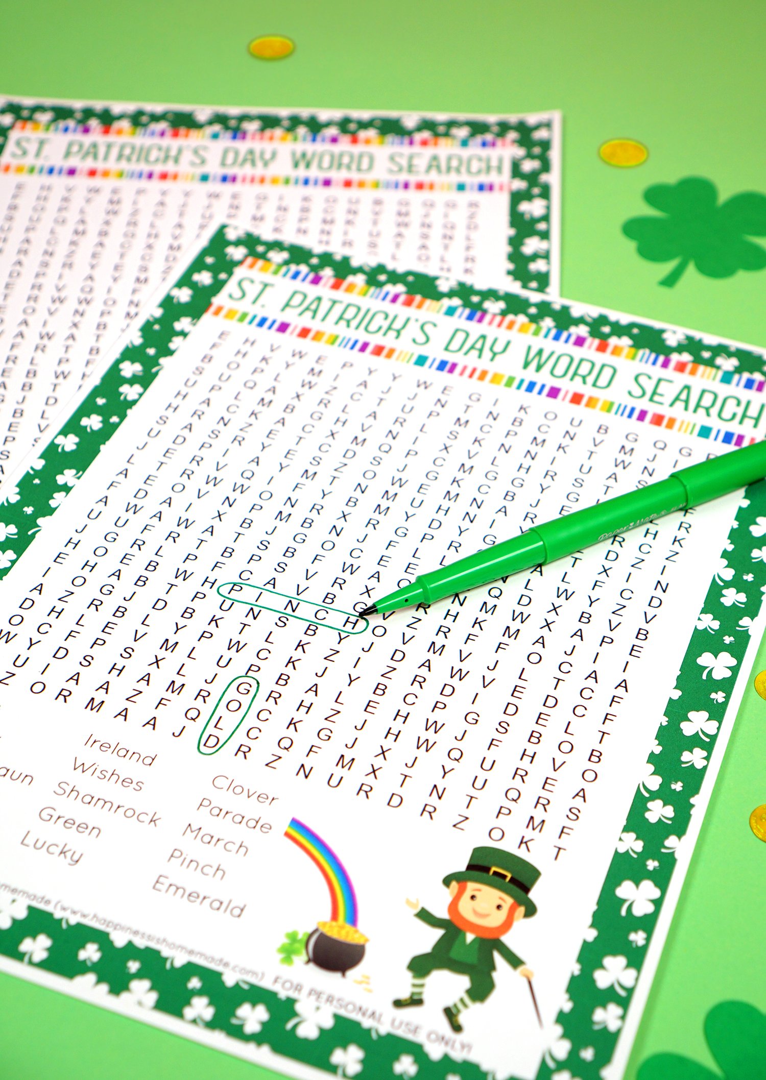 st patricks day word search printable with coloring pens and shamrock confetti