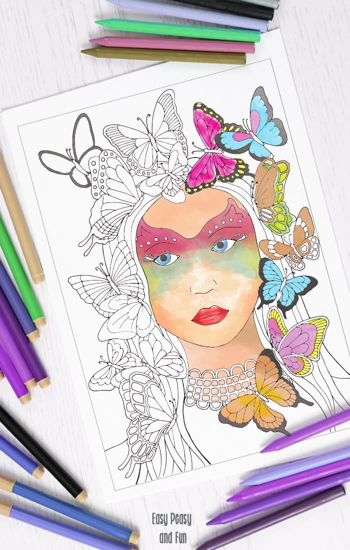 printable coloring pages for adults womans face with butterflies