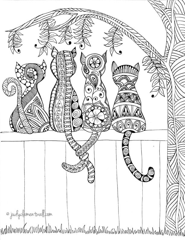 printable coloring pages for adults cats on a fence