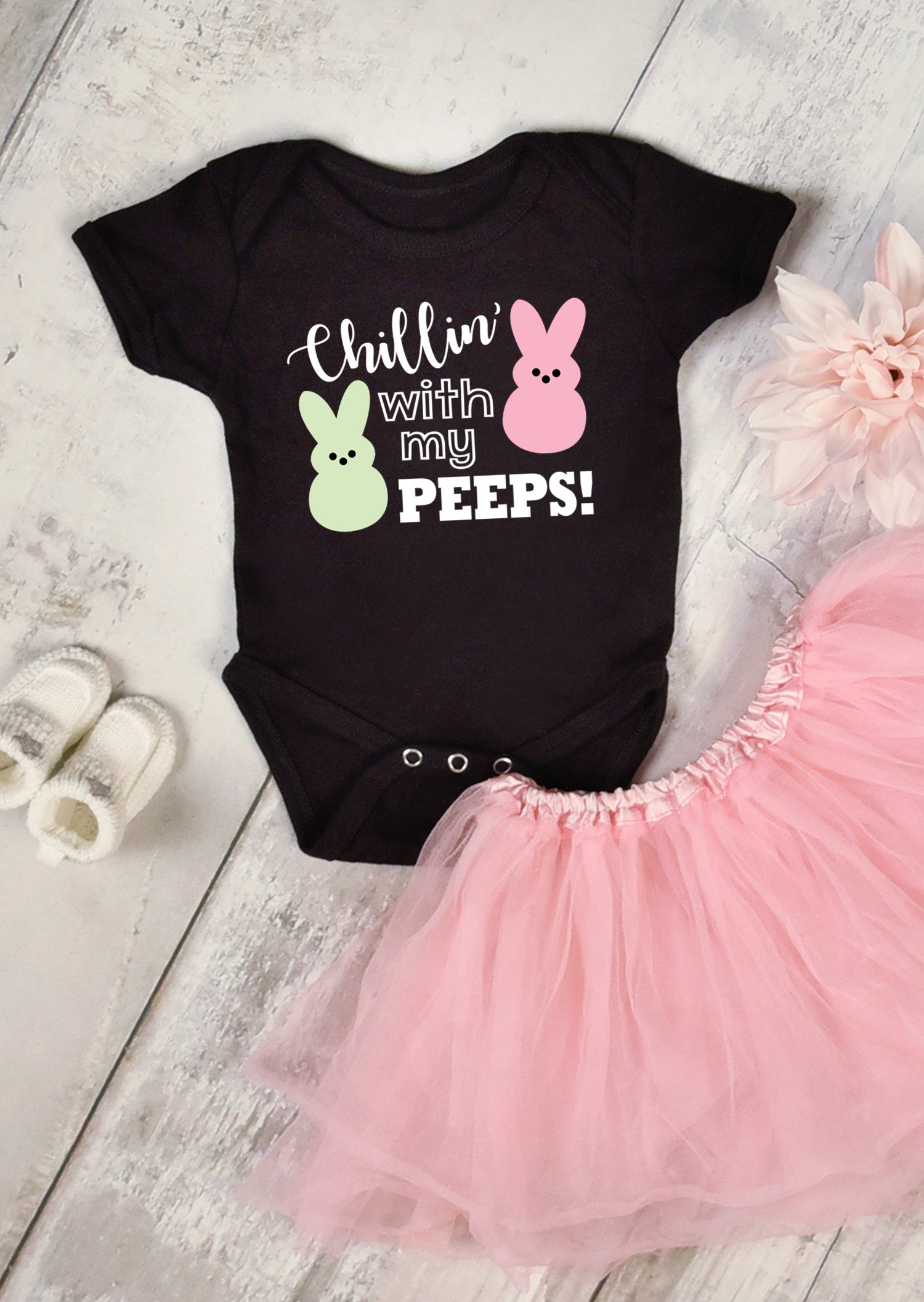 Black baby onesie with "Chillin' with My Peeps" design and pink tutu - Easter SVG file