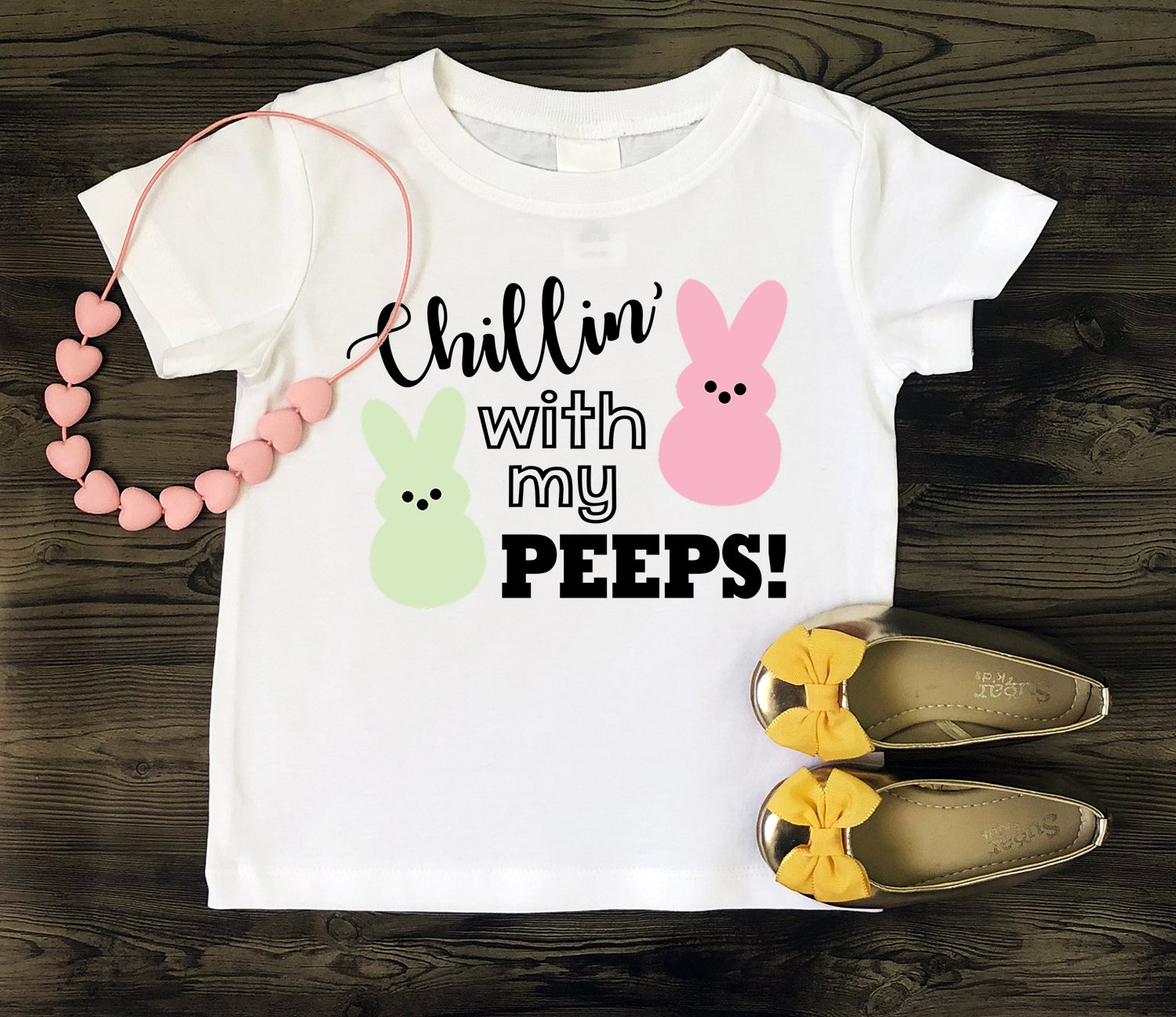 White kids t-shirt with "Chillin' with My Peeps" design - Easter SVG file