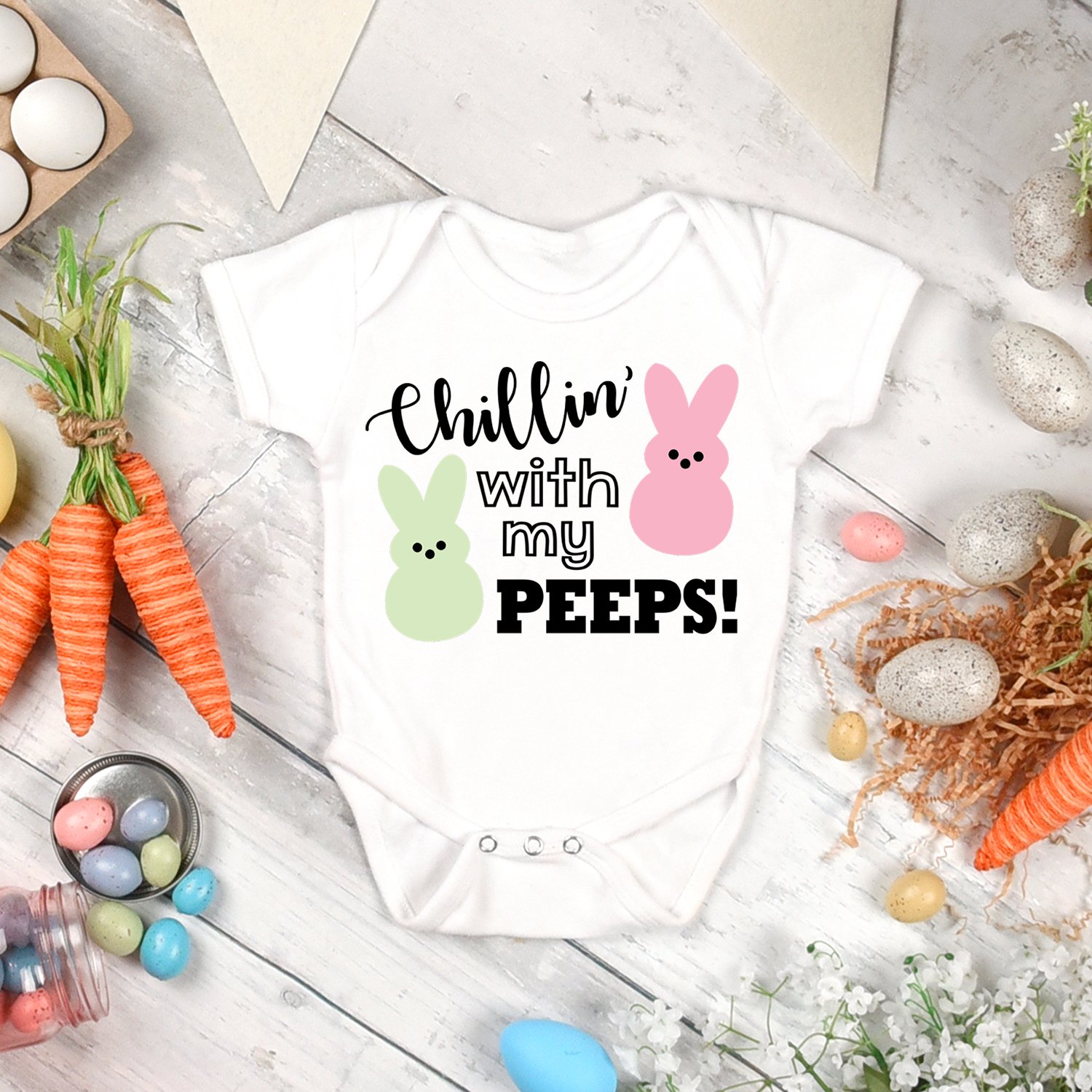 White baby onesie with "Chillin' with My Peeps" design - Easter SVG file