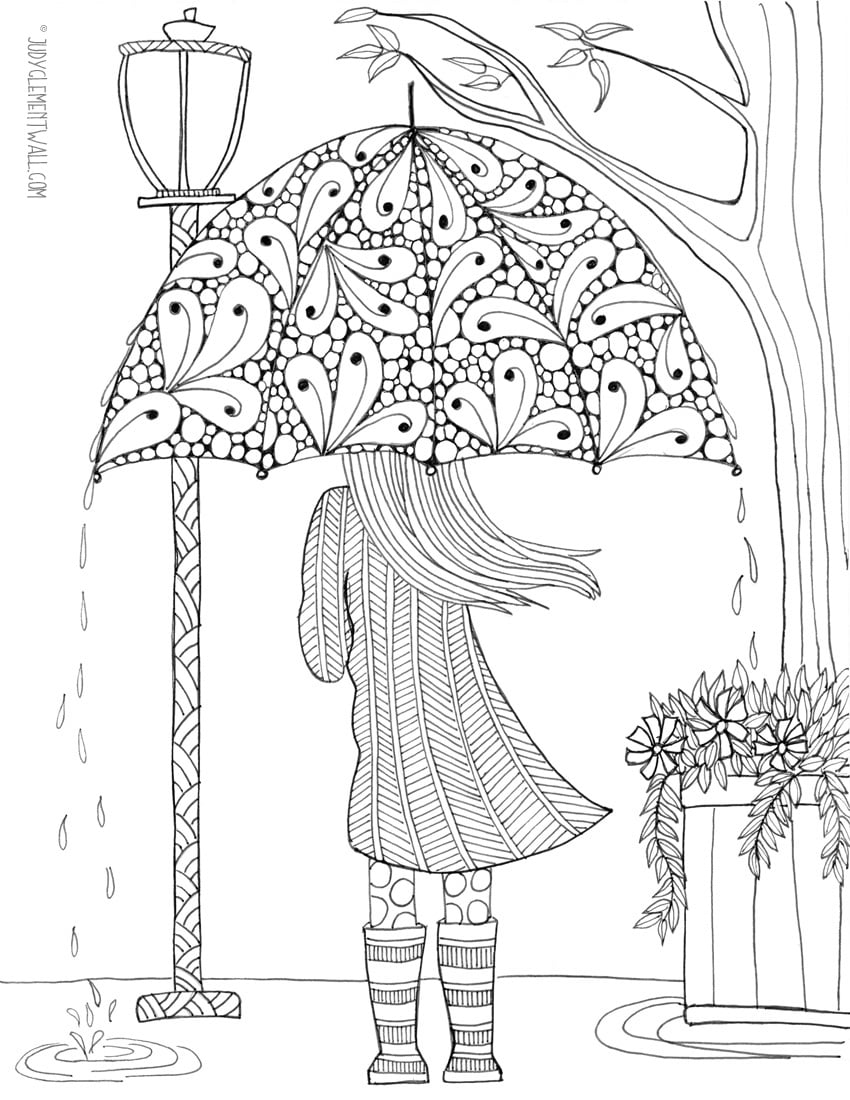 printable coloring pages for adults, girl under umbrella