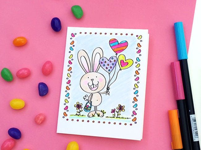 bunny holding heart balloons coloring sheet with jelly beans