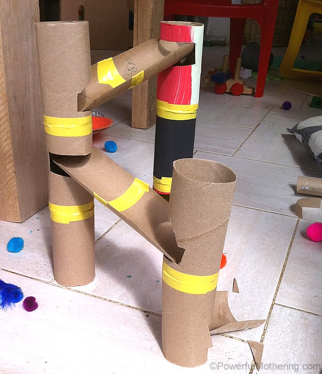 marble run game made from toilet paper rolls
