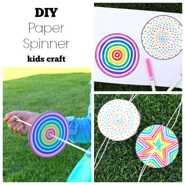 Collage showing the steps to make a DIY paper spinner toy