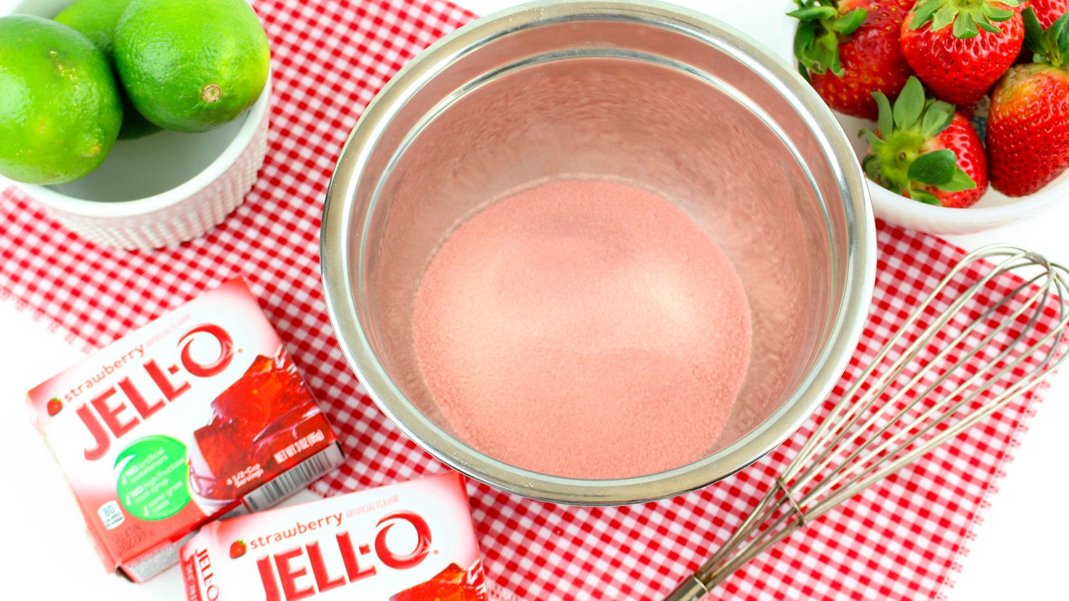 strawberry jello powder in a bowl