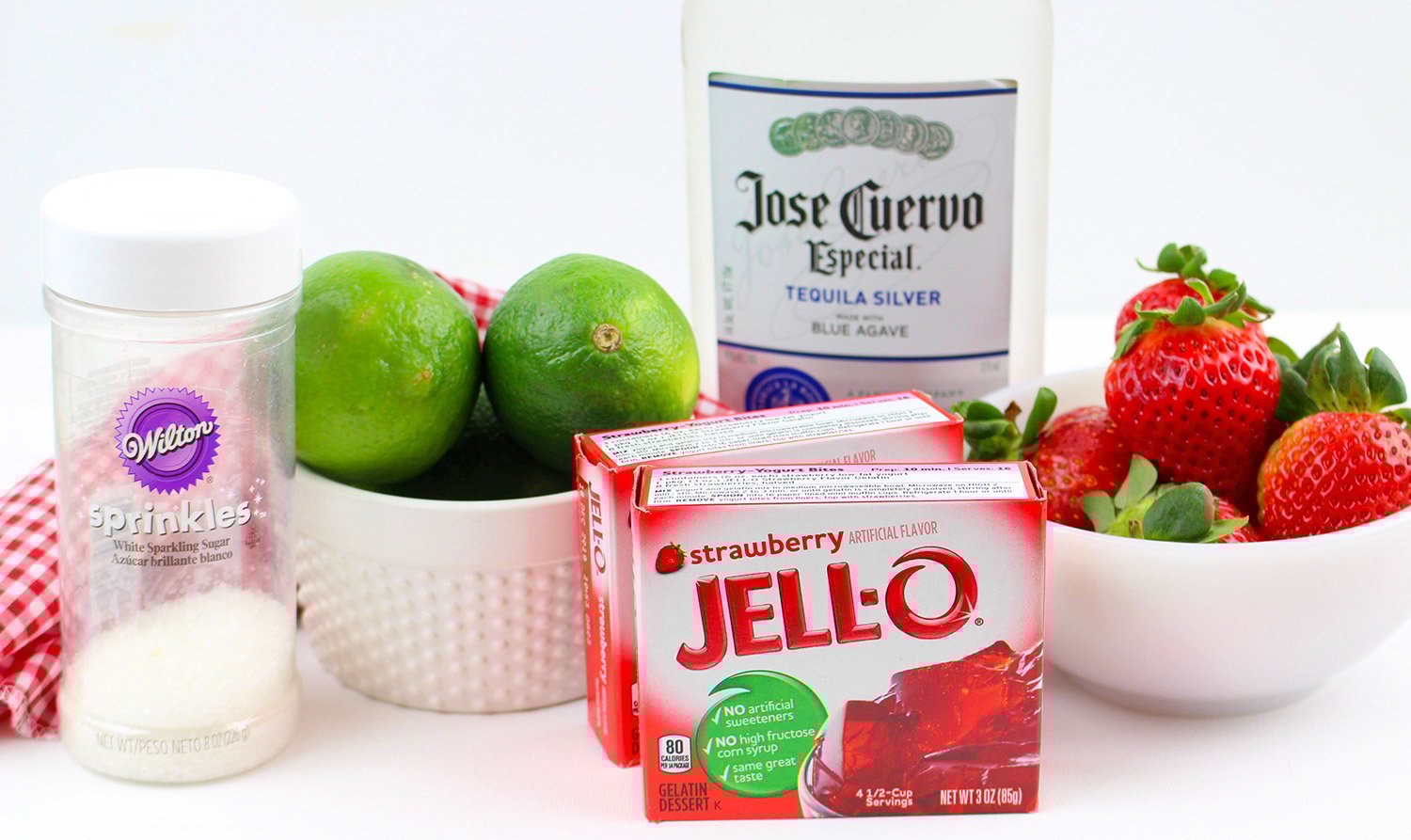 Ingredients for strawberry margarita jello shots