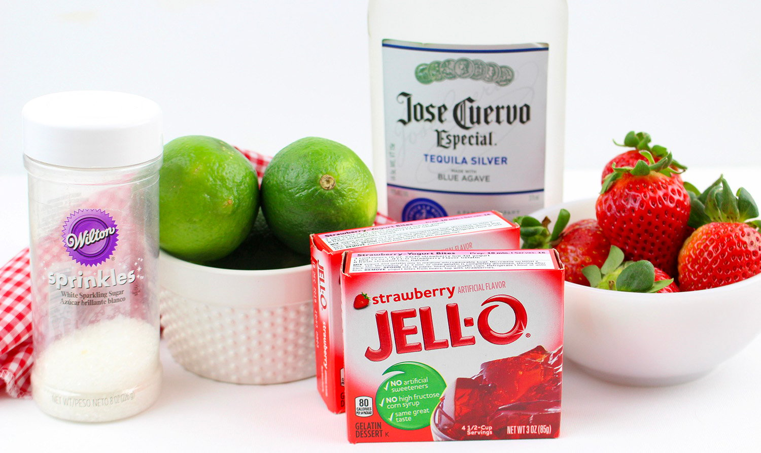 Ingredients for strawberry margarita jello shots