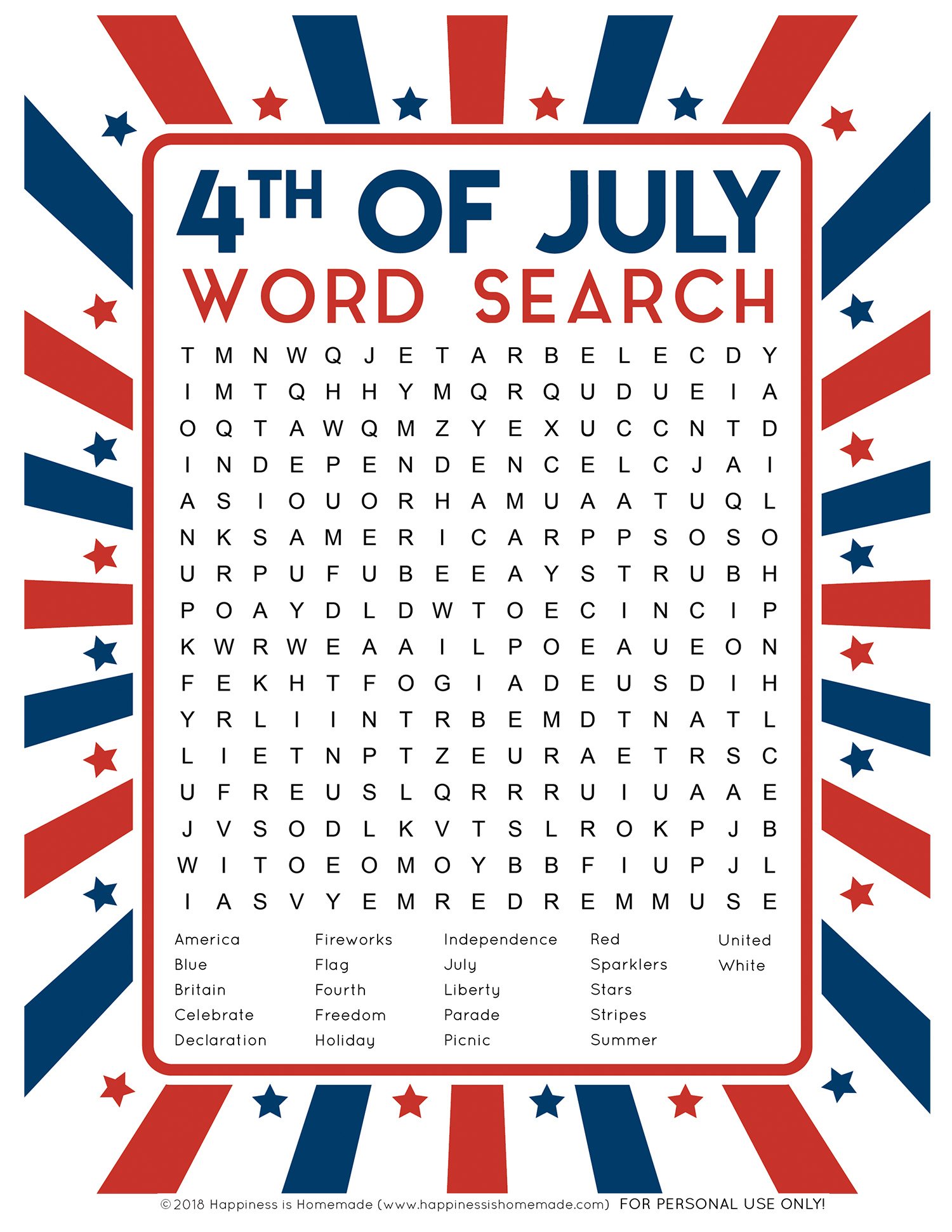 4th of July Word Search Printable Happiness is Homemade