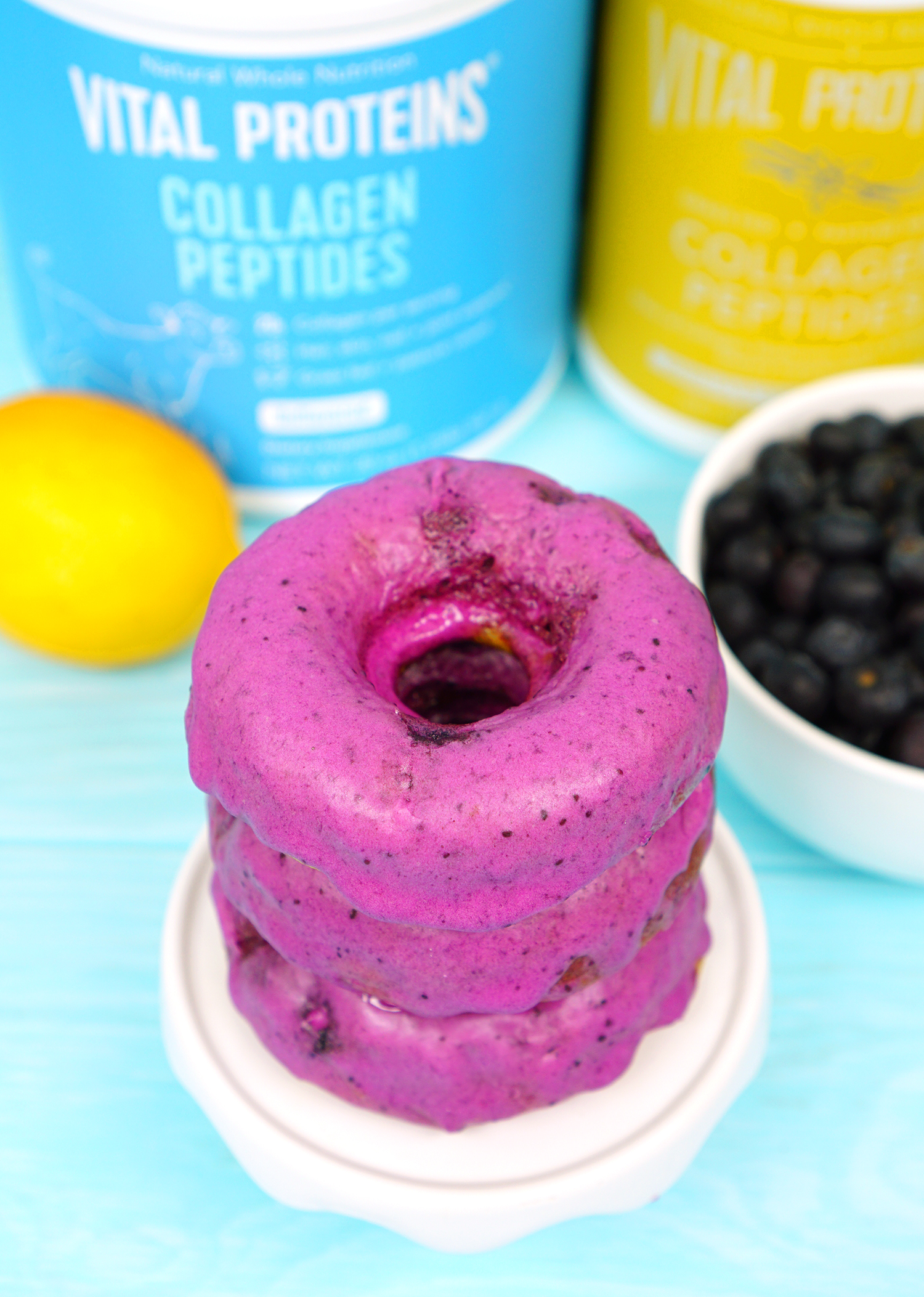 stack of blueberry lemon iced donuts