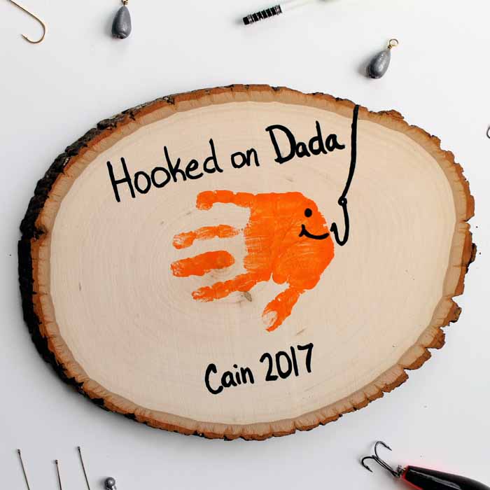 hooked on dad handprint ornament 