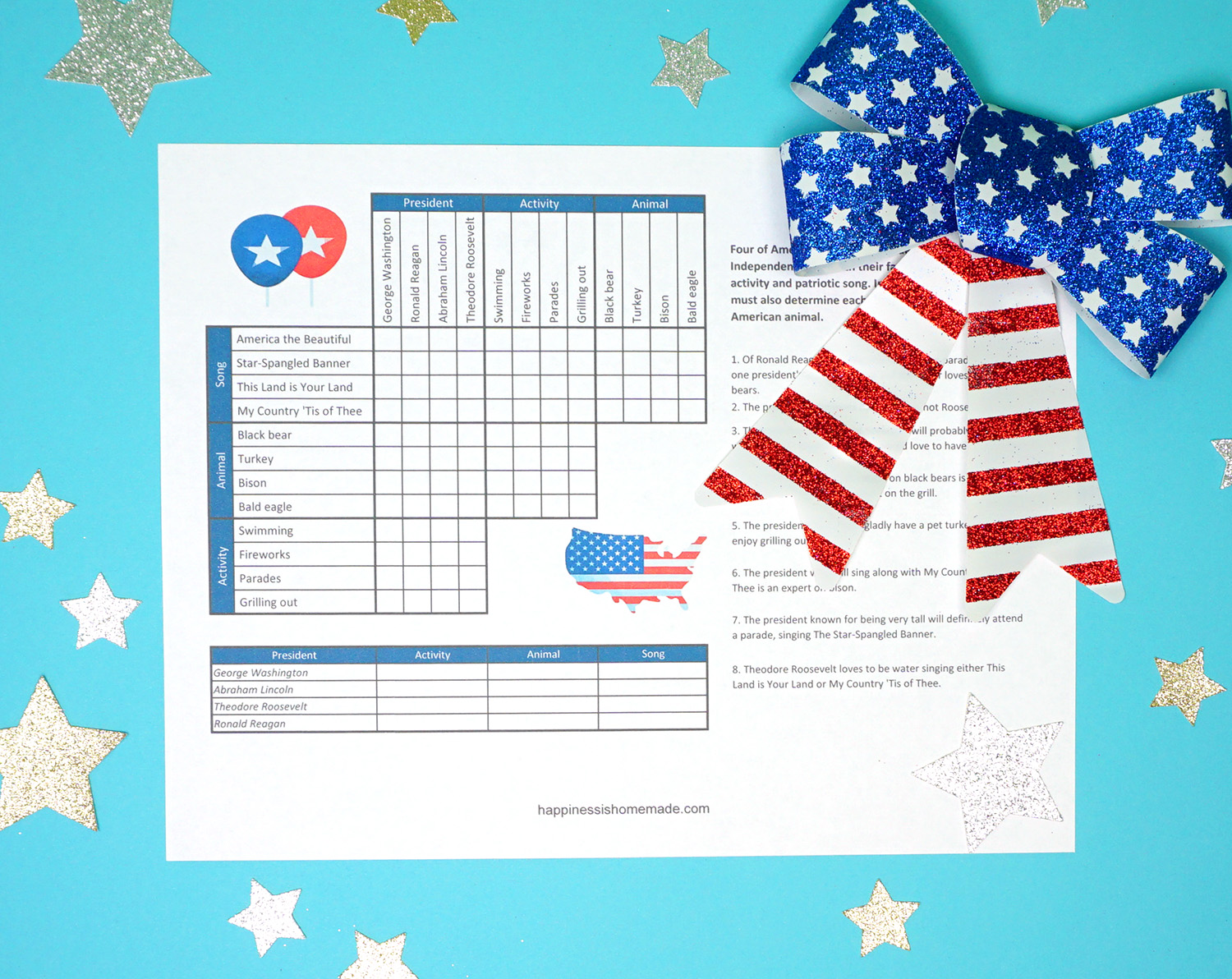 4th of july logic puzzle printable and bow