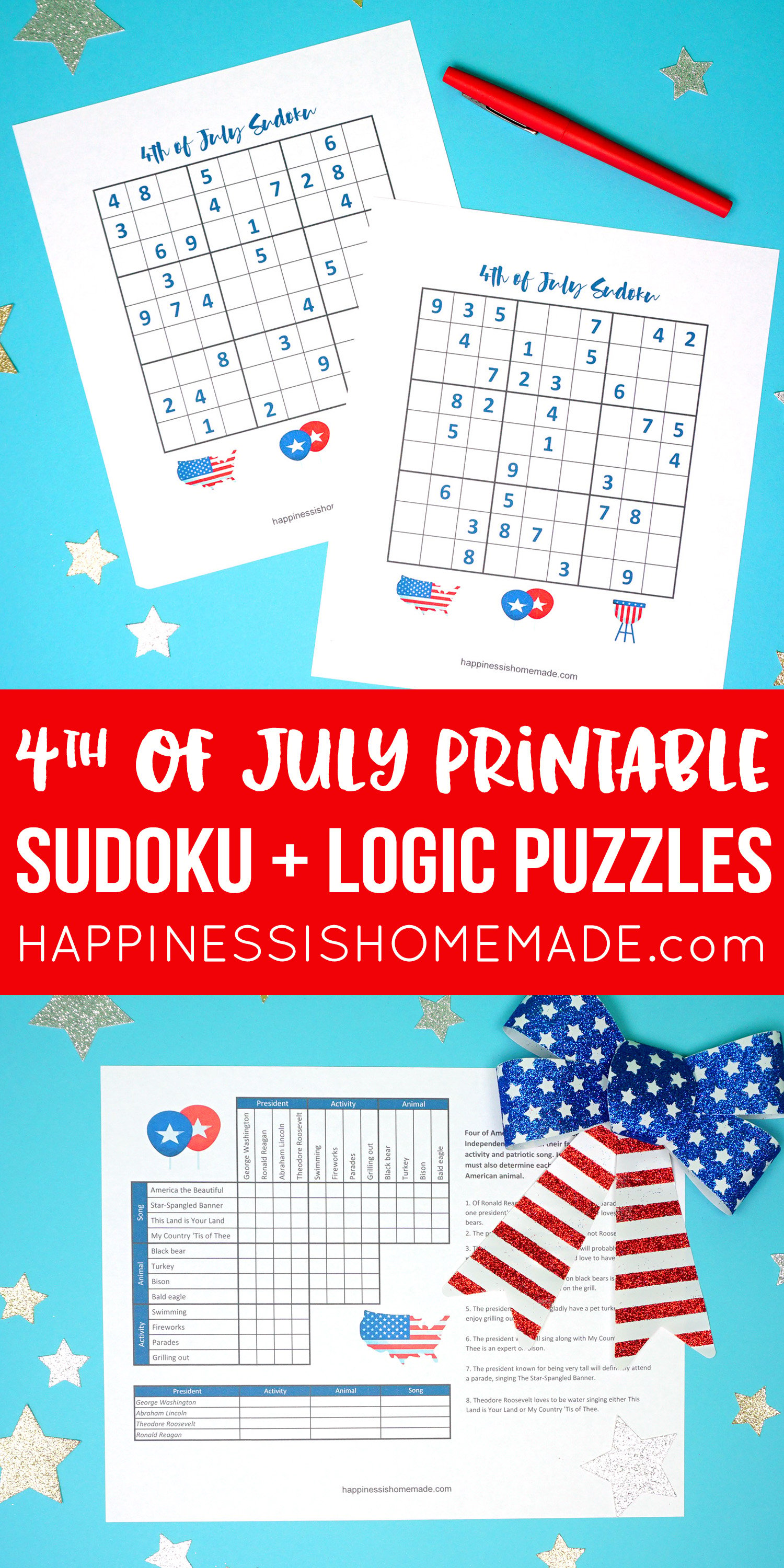 4th of July printable sudoku and logic puzzles