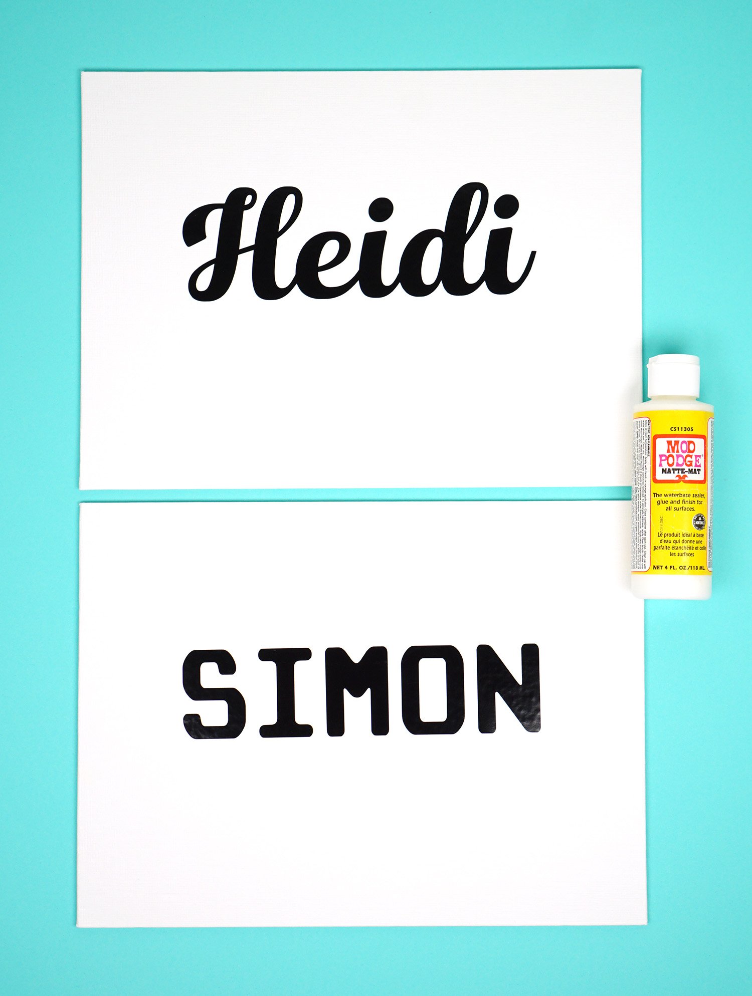 heidi and simon name on blank white canvases 