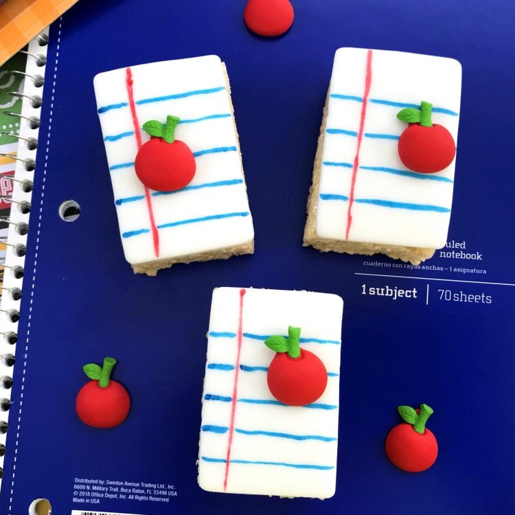 adorable rice krispie treats that look like binder paper with an apple