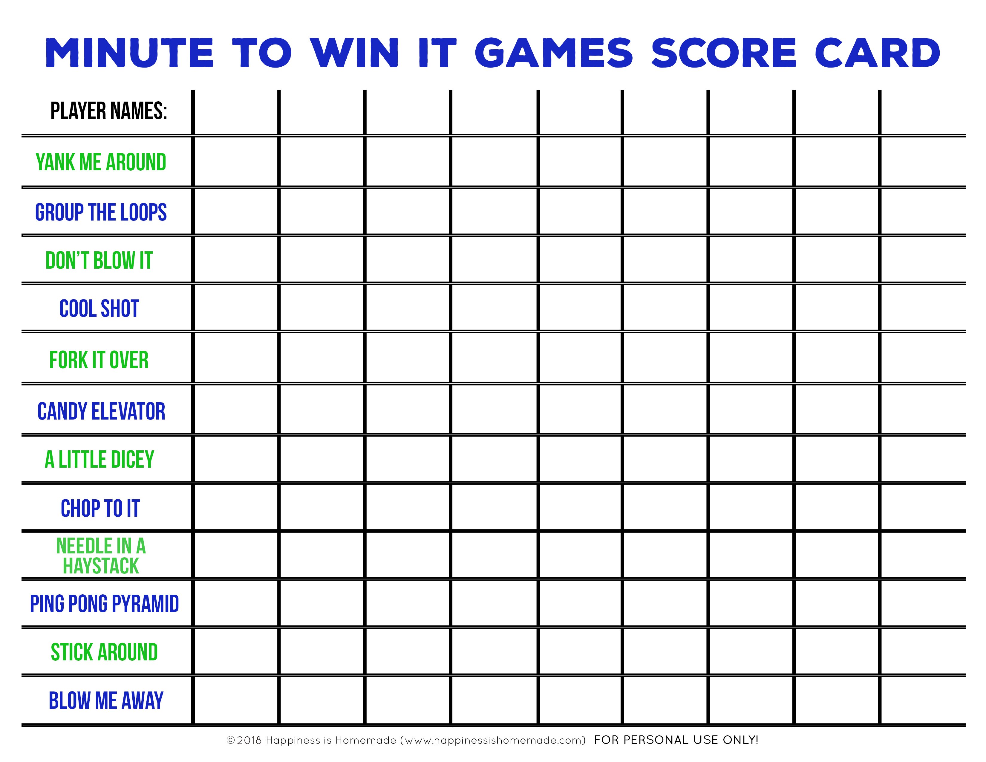 Minute to Win it Games Scorecard