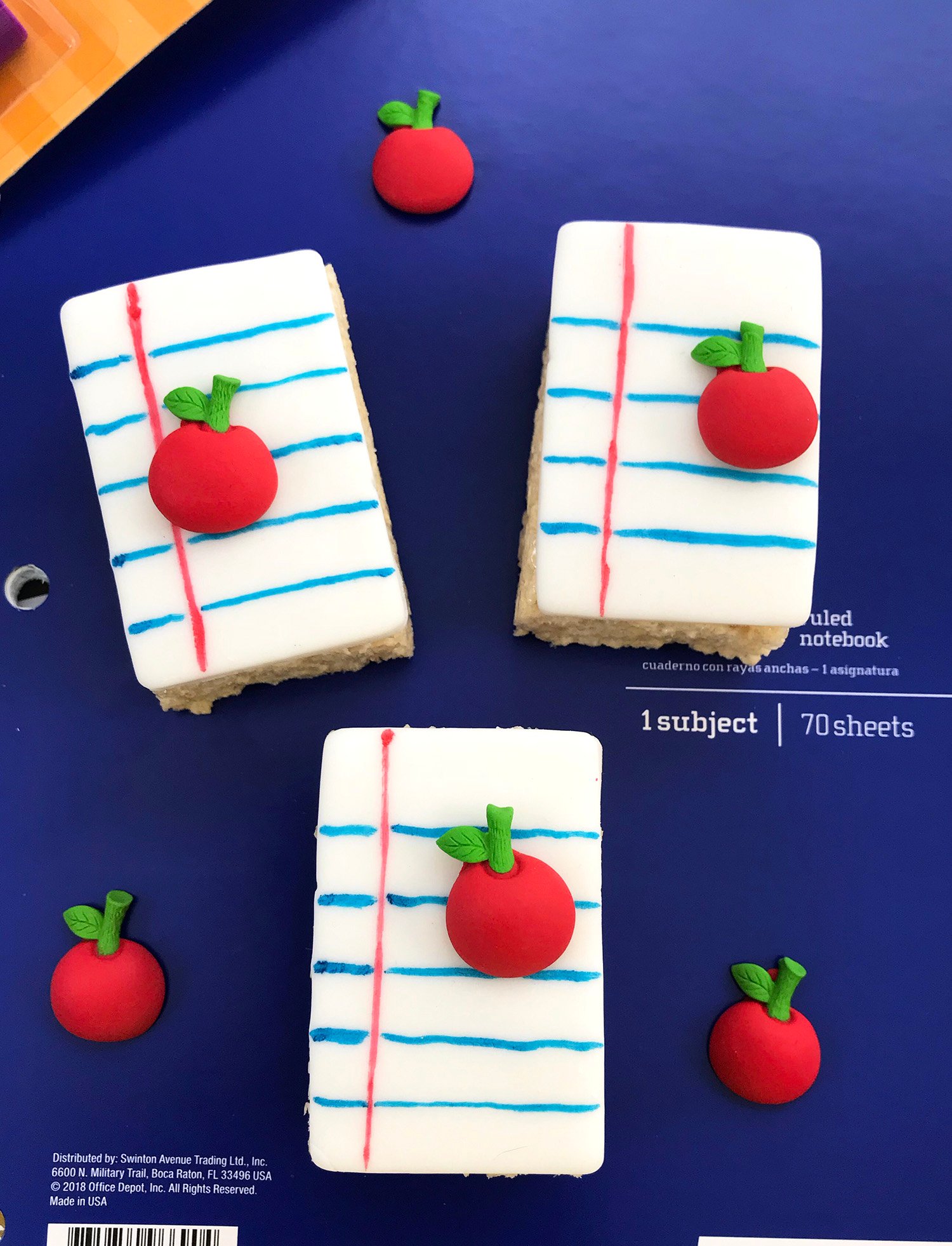 back to school rice krispie treats that look like binder paper with apples on them