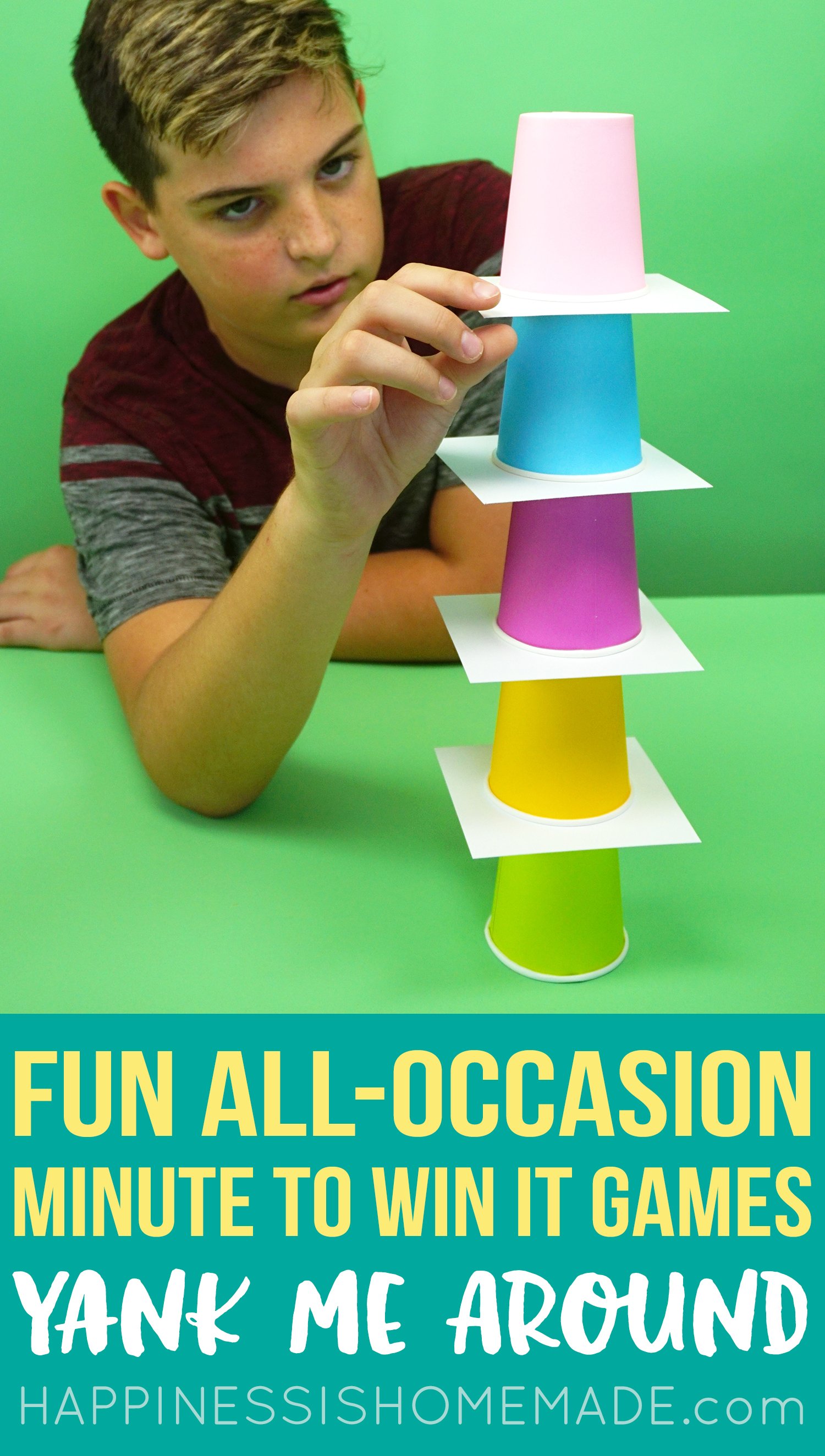 Fun Minute to Win It Games that are great for kids, teens, adults, & groups of all sizes! 12 Silly Minute to Win It Party Games for all ages and occasions! Fun Minute to Win It Game - Yank Me Around