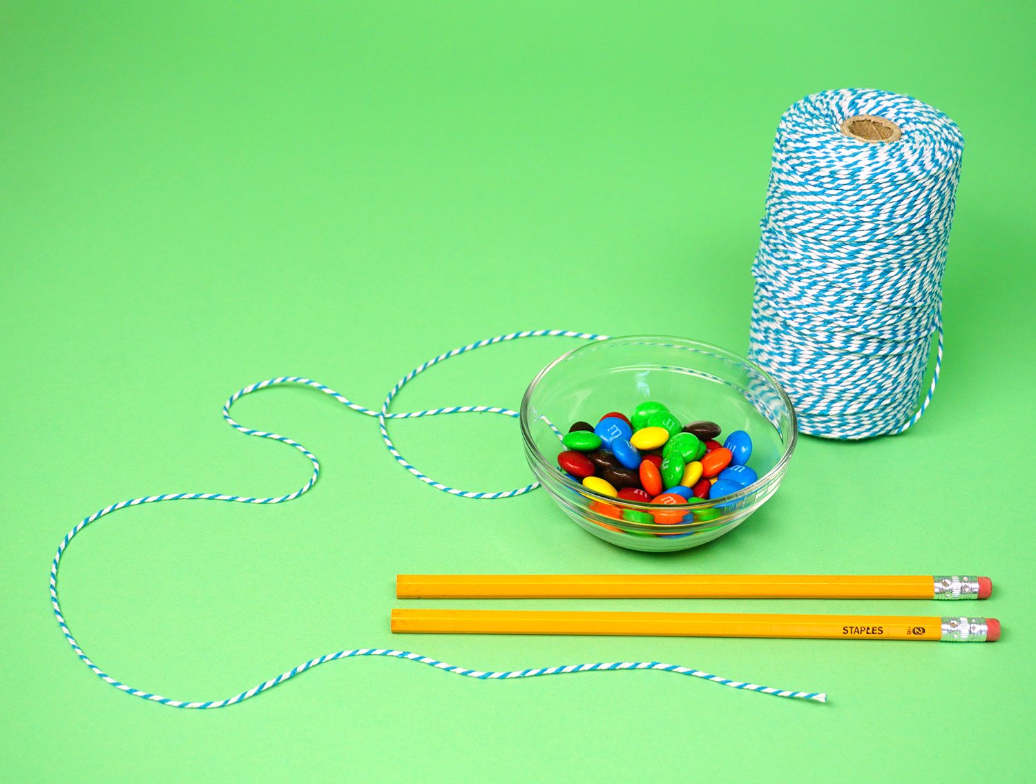 Minute to Win It Game Supplies - Pencils, Twine, and M&Ms